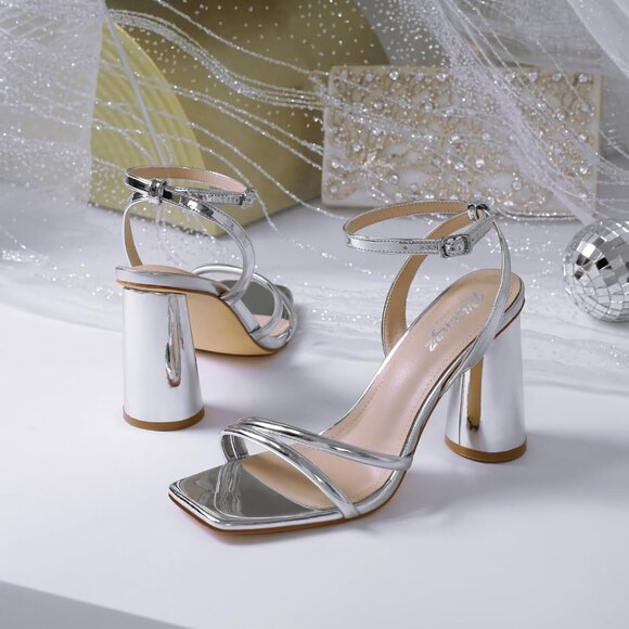 Women's Silver Square Open Toe Strappy Ankle Strap Block Heeled Sandals Shoes - Picture 3 of 9